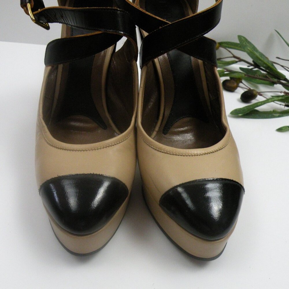 Worn Once! Marni Tan Black Cap Toe Heeled Mary Jane Shoes 38 (8) - Picture 5 of 9